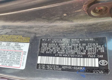 2007 Toyota Camry Se from USA, damaged, VIN 4T1BE46KX7U011354